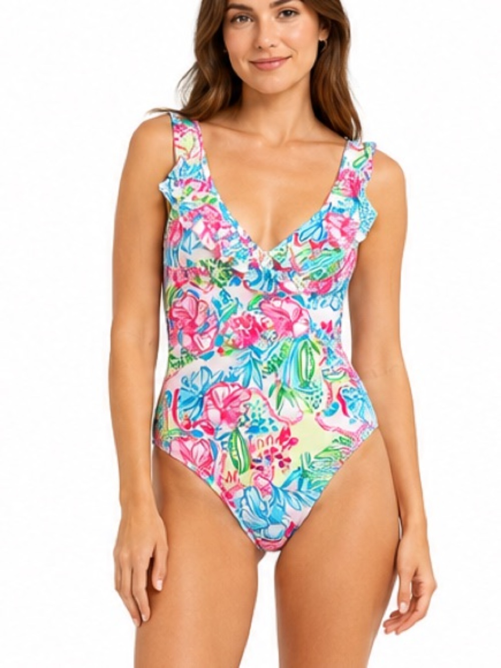 Stella Parker Ruffle Maillot One Piece Swimsuit Tummy Control Floral Tropical XL